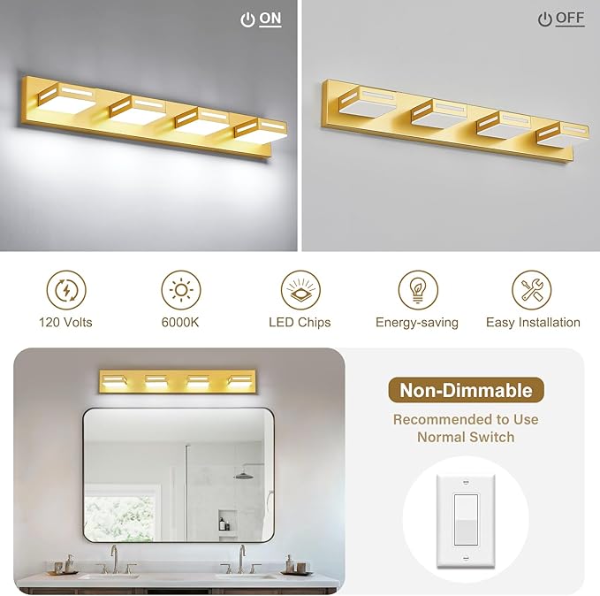 30-Inch 4-Light LED Modern Gold Bathroom Vanity Light Fixtures Over Mirror, Bathroom Lighting Fixtures with Cool White 6000K, Vanity Wall Lights for Bath Restroom Powder Room