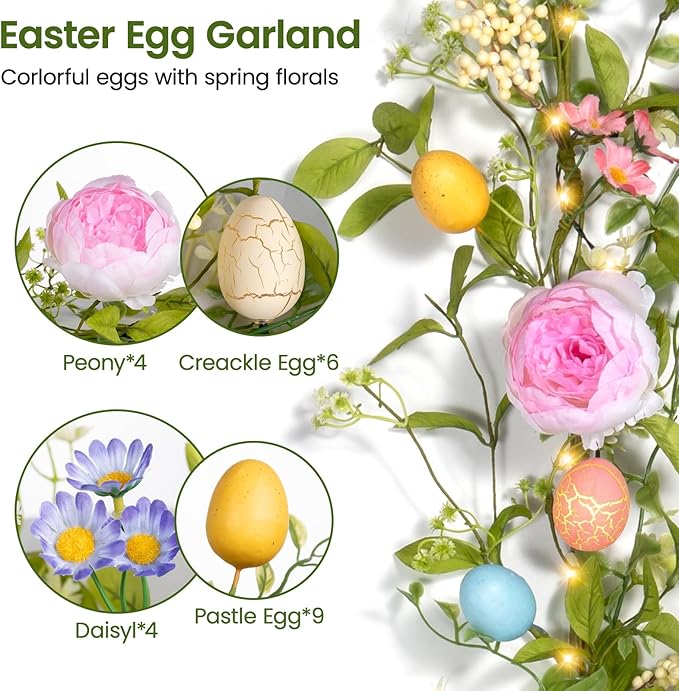 6FT Prelit Easter Garland with 20 LED Lights, Lighted Artificial Easter Egg Garland for Mantle, Battery Operated with 8 Mode Timer – Peony & Berry Accents