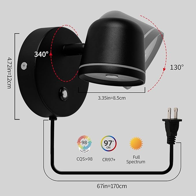 Aisilan Plug in Wall Sconce, Dimmable LED Wall Light with Switch, 7W Adjustable Anti-Glare Bedroom Sconce, Matte Black Aluminum Wall Lamp for Living Room & Bedside