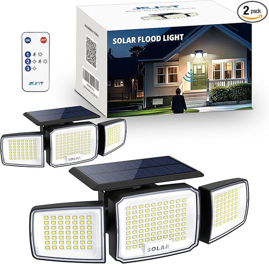 Solar Security Light Outdoor Super Bright LED, Motion Sensor Flood Light, 3 Heads 270° Wide Angle, Remote Control,IP65 Waterproof, 3 Modes (2 Packs)