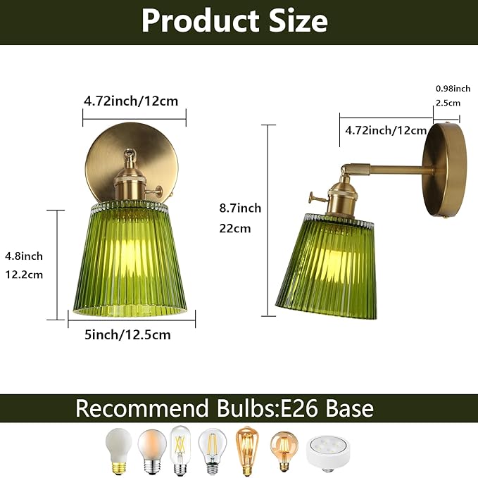 HuisMier Vintage Wall Sconces with Green Stripe Glass Lampshade, Glass Wall Lamp with Switch, Modern 180 Degree Adjustable Brass Wall Sconces for Bathroom Bedroom Living Room Hallway, Hardwired