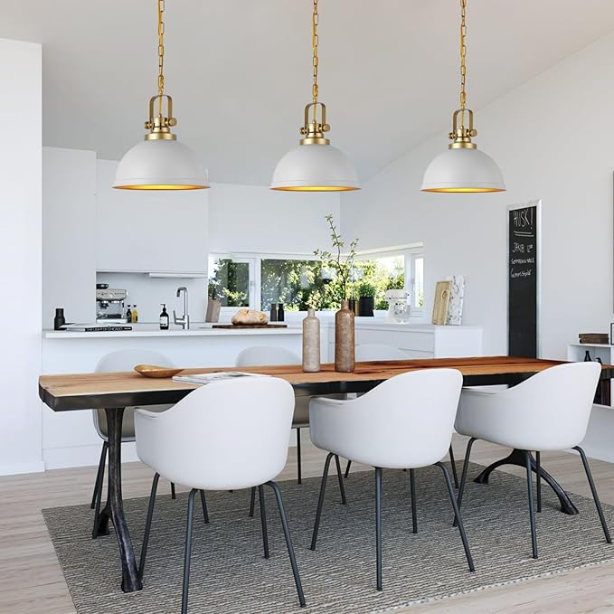 White and Gold Pendant Lights Kitchen Island 2 Pack, Modern Matte White Dome Pendant Lighting Industrial Light Fixture for Kitchen Living Dining Room Restaurant Hallway Entrance