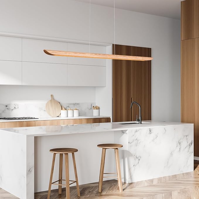 71" 40W Wood LED Linear Pendant Light Fixture,Dimmable Pool Table Island Lights,Modern Linear Hanging Chandeliers,for Dining Room Kitchen Island,Pool Table Lights,Natural Wood Color