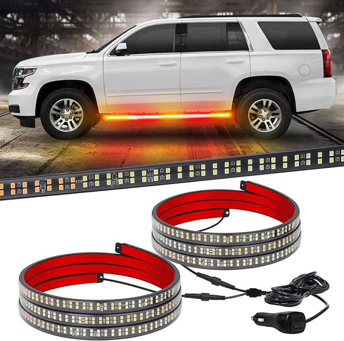 XRIDONSEN 2PCS 60 inch Amber Red Running Board Lights Strip 720 LED Emergency Strobe Lights Flashing Warning Safety Hazard Caution Side Light for Tow Plow Trucks Construction Vehicles SUV Car