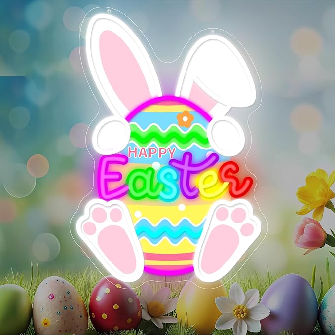 Easter Neon Sign Easter Bunny Egg Led Sign Dimmable Happy Easter Window Lights Printed Cute Bunny Light Up Signs Easters Gifts for Kids Teens Girls