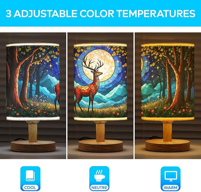 Deer Table Lamp LED 3-Color Pressed Bedside, Deer Shade Lamp with Wood Base for Bedroom Living Room Desk Office TL01