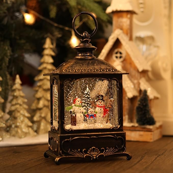 Christmas Snow Globe with Snowman, Glittering Lighted Battery Operated & USB Powered, Snowman Family Snow Globe Lantern for Christmas Home Decoration and Gift