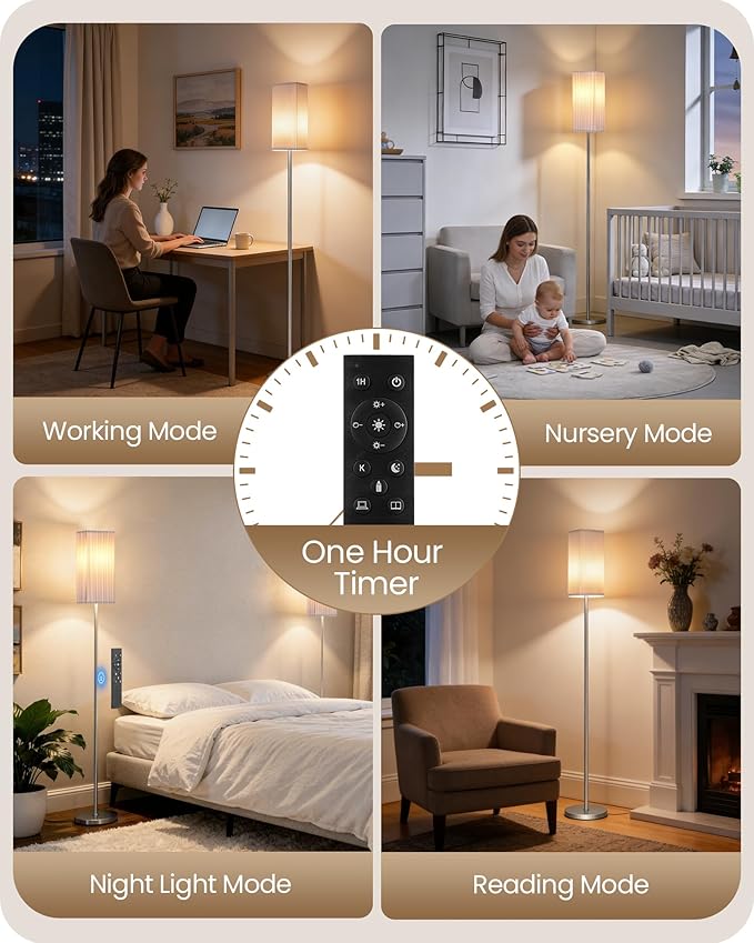 64.2''Dimmable Floor Lamp for Living Room with Remote and Foot Switch, Corner Floor Lamp for Bedroom, Includes 10W A19 Bulb, Modern Standing Tall Lamp, ETL Listed, Silver and White SCW17LD05