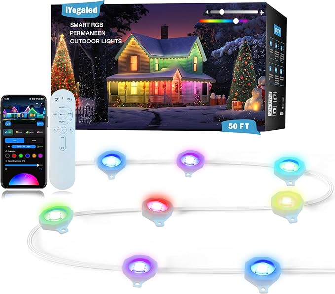 Permanent Outdoor Lights for House, 50ft Smart RGB Permanent Outdoor Eave Lights with 63 Scene Modes,IP65 Waterproof LED Holiday Lighting for Party Halloween Christmas Decoration