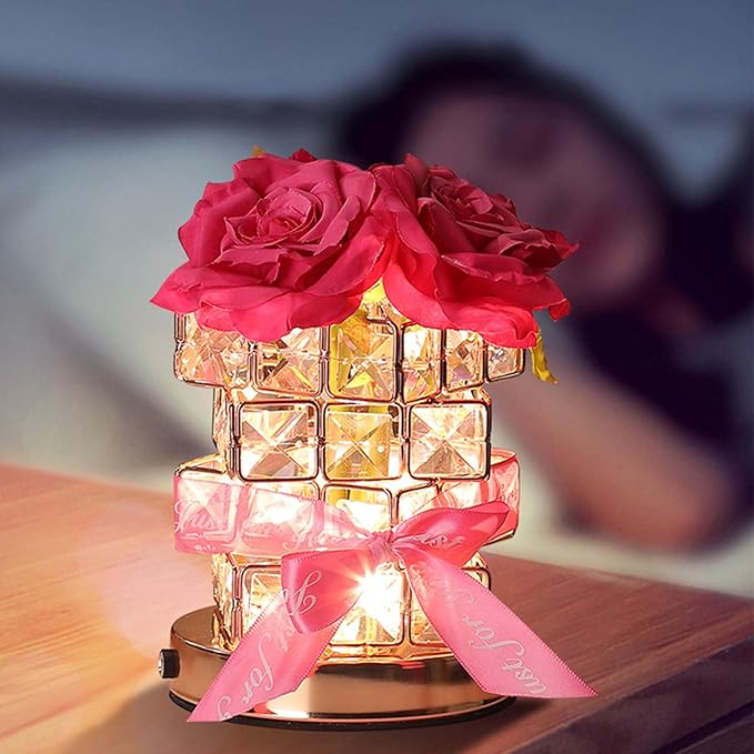 Crystal Table Lamp, Rechargeable Cordless Rose Light 3 Colors Dimmable Flower Lamp, Romantic LED Diamond Lamp for Bedroom Living Room Decor, Valentine Birthday Gift for Her (Rose Red)