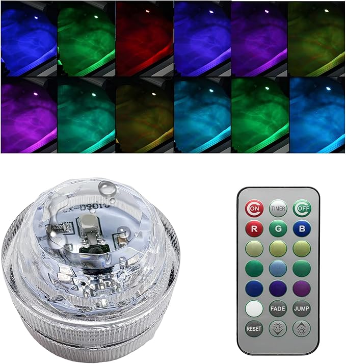 Mini Submersible LED Lights for Car, Waterproof Underwater Flameless Accent Light with Remote Control, Battery Operated Multicolor Changing Light for Vehicle Interior