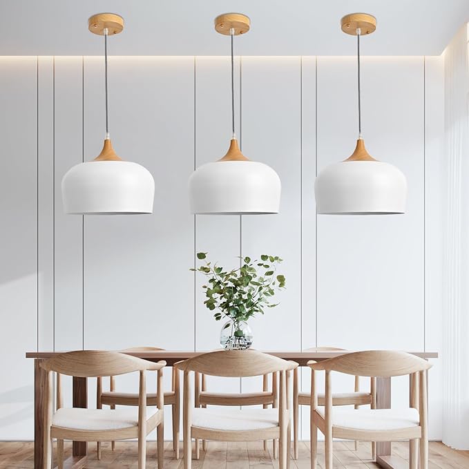 Modern White Pendant Light, Nordic Wooden Dome Minimalist Style Light fixtures Ceiling Hanging,Mini Chandelier for Dining Room, Kitchen Island, Bedroom, Hallway