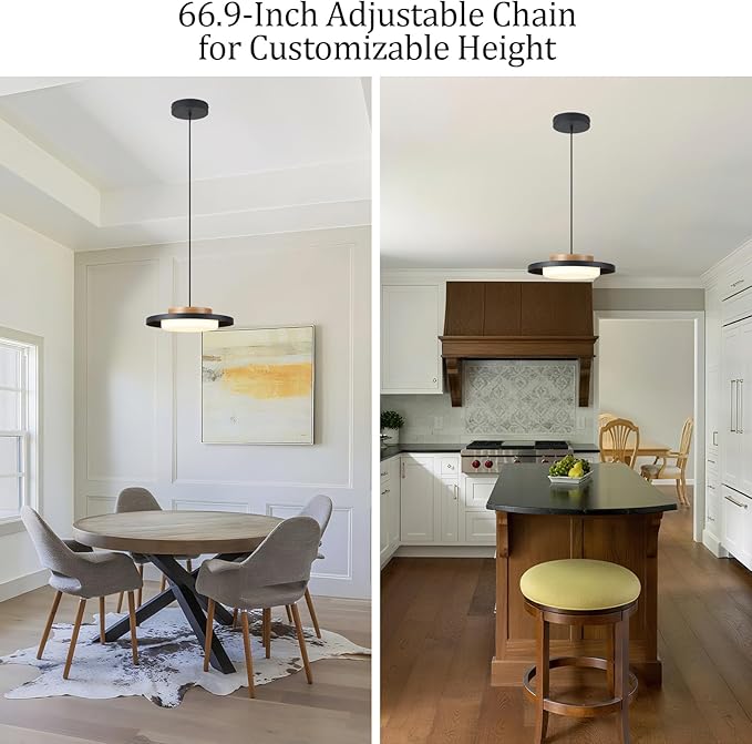 Dimmable Pendant Lights,15 inch,Real Wood Cap,3000K/Warm White/22W,LED Pendant Light Fixtures for Kitchen, Dining Room, Living Room,Black