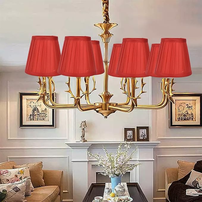 2Pcs Small Lamp Shade, Clip On Pleated Fabric Barrel Lampshade for Chandelier & Table Lamp, 3.6 inch Top x 5.6 inch Bottom x 5.1 inch Height(Red)