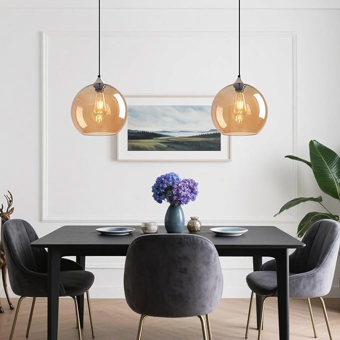 Amber Glass Pendant Lights Kitchen Island Globe Pendant Light Fixtures Modern Pendant Lighting for Bedroom Living Dining Room Light Fixture (9.84 in, 1 Pack)