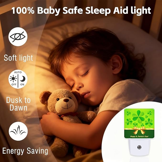 Happy St.Patrick's Day Night Light for Kids,Dusk-to-Dawn Auto Sensor Green Shamrocks Lucky Plug in Night Light,0.5W Energy Saving Non-Toxic for Bedroom/Bathroom,Ideal Gifts for Women Men
