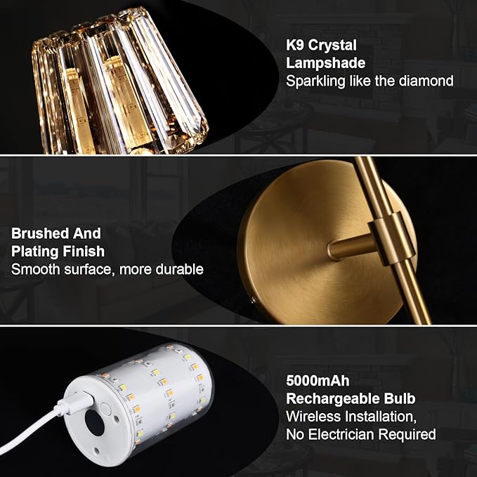 Battery Operated Crystal Wall Sconce Set of 2, Amber Rechargeable Wireless Wall Sconces with Remote Dimmable 12 Colors Modes Led Wall Lights for Bedroom Living Room Hallway, 2 Bulbs Included