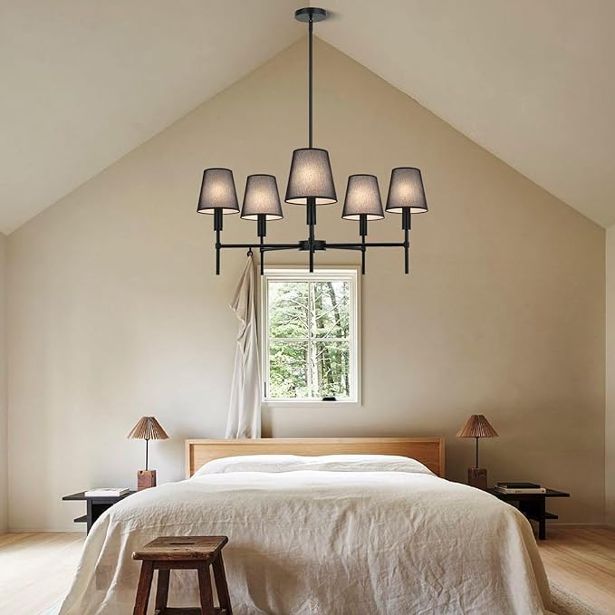 5 Pack Black Chandelier Shades, 4" Top x 6" Bottom x 6" High Barrel Lamp Shade, 4.0x6.0x6.0 Inch Linen Fabric, Perfect Fit for 5-Light Pendant Light Wall Sconce, Clip On Bulb E12 Socket(Large Size)