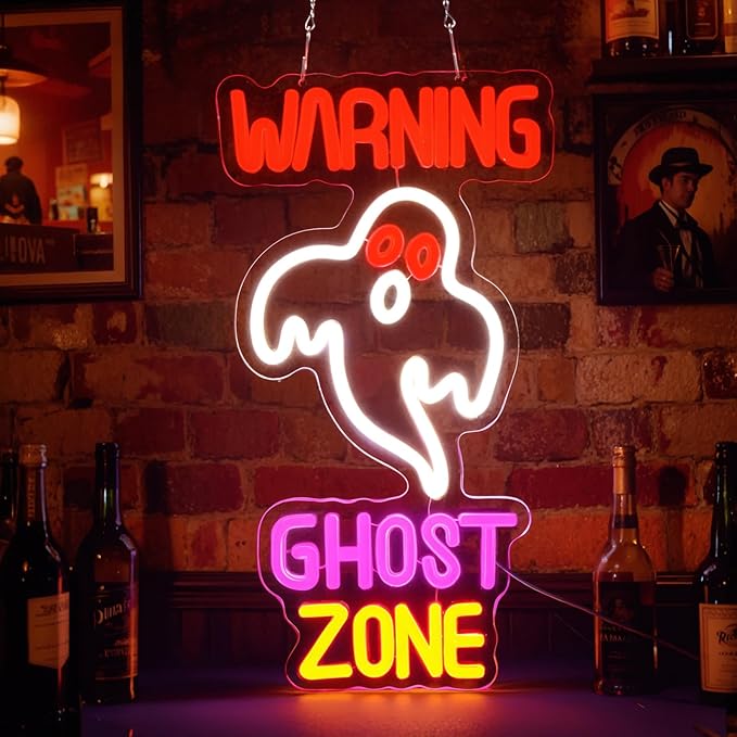 FITNATE Ghost Zone Neon Sign, Dimmable Spooky Haunted Mansion Decor LED Neon Signs, Ghost Neon Light Up Sign for Haunted House Man Cave Bar Party Christmas Decor