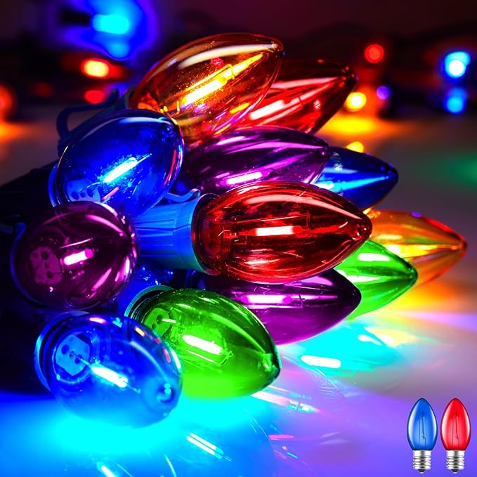 Vintage C9 LED Christmas Lights Outdoor - 50 Feet String with 50 Colored Bulbs, Waterproof Connectable Lights for Holiday Party Roofline, Backyard, Garden, Patio, Green Wire