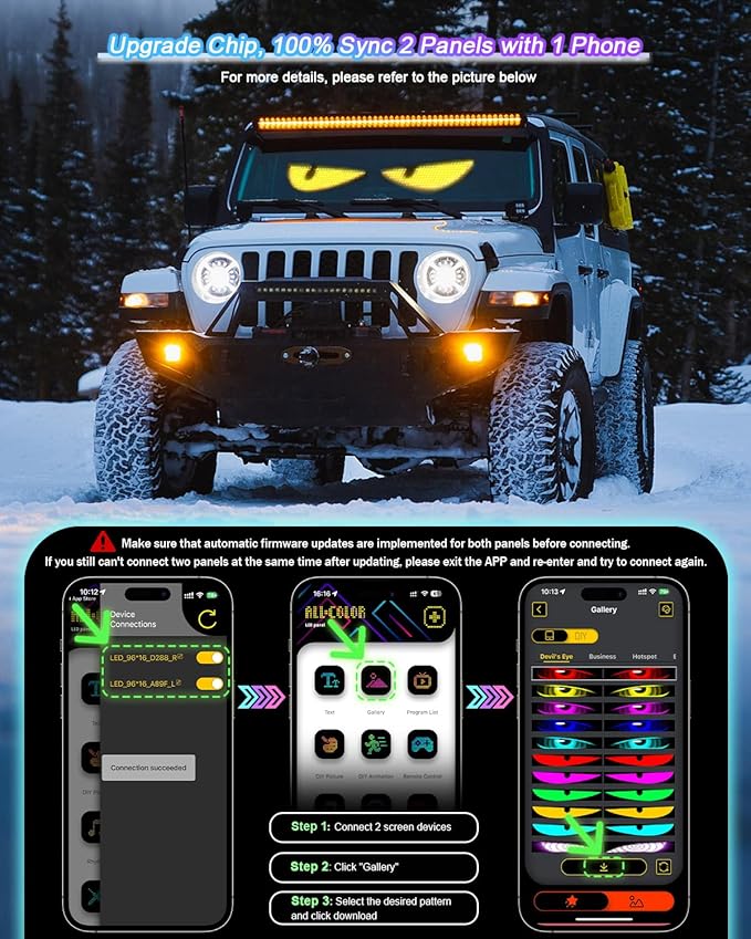LED Devil Eye Lights for Windshield 23"x5" [Advanced Chip, 100% Synced Dual Screen] Dynamic Flexible Programmable Custom LED Eyes Display for Car Truck Front Window with Remote & APP Control