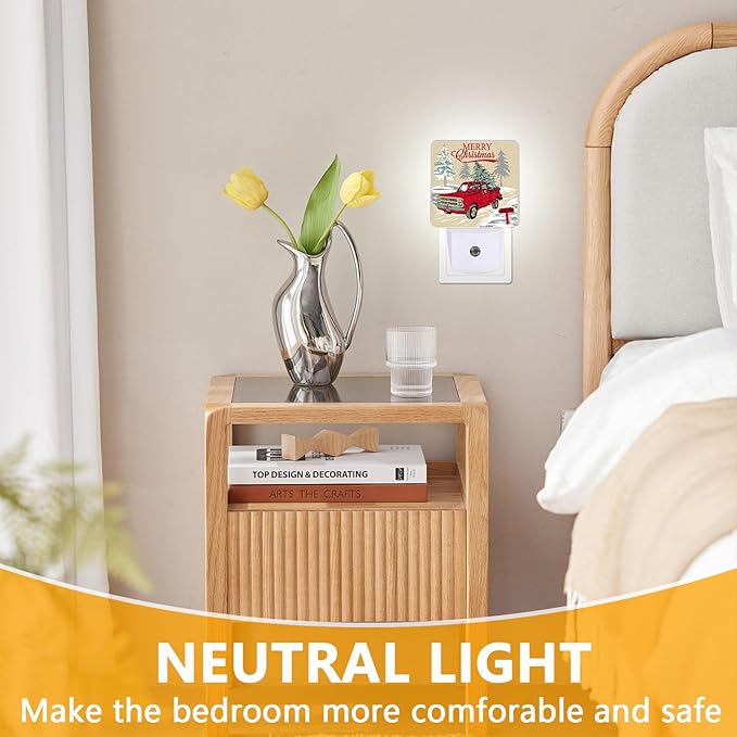 Retro Red Car Night Light, Plug-into Christmas Tree Nightlight White LED Lamp, Energy Efficient Decor Desk Lamp for Bedroom Hallway Stairs Bathroom