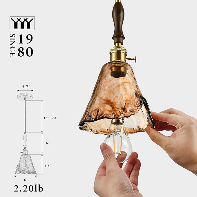 Modern Amber Glass Pendant Light, 6"x11.5" Floral Bell-Shaped Hanging Light with Wood Handle & Brass Cap, 15"-72" Adjustable Line, E26 Socket – Golden Amber Morning Glory