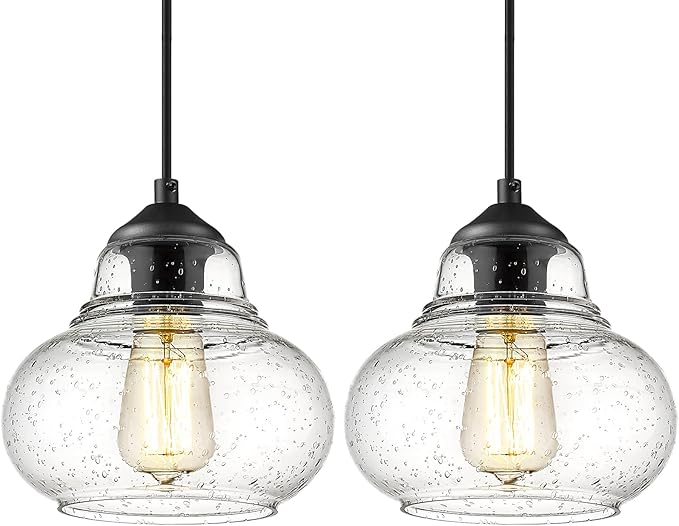 ELYONA 2 Pack Bubble Glass Pendant Light 8 inch Industrial Kitchen Hanging Pendant Light Fxitures Modern Hand Blown Seeded Glass for Farmhouse Dining Room Bar Bedroom Living Room Black
