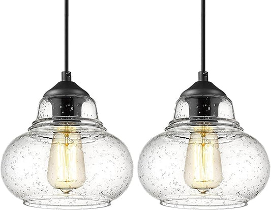 ELYONA 2 Pack Bubble Glass Pendant Light 8 inch Industrial Kitchen Hanging Pendant Light Fxitures Modern Hand Blown Seeded Glass for Farmhouse Dining Room Bar Bedroom Living Room Black