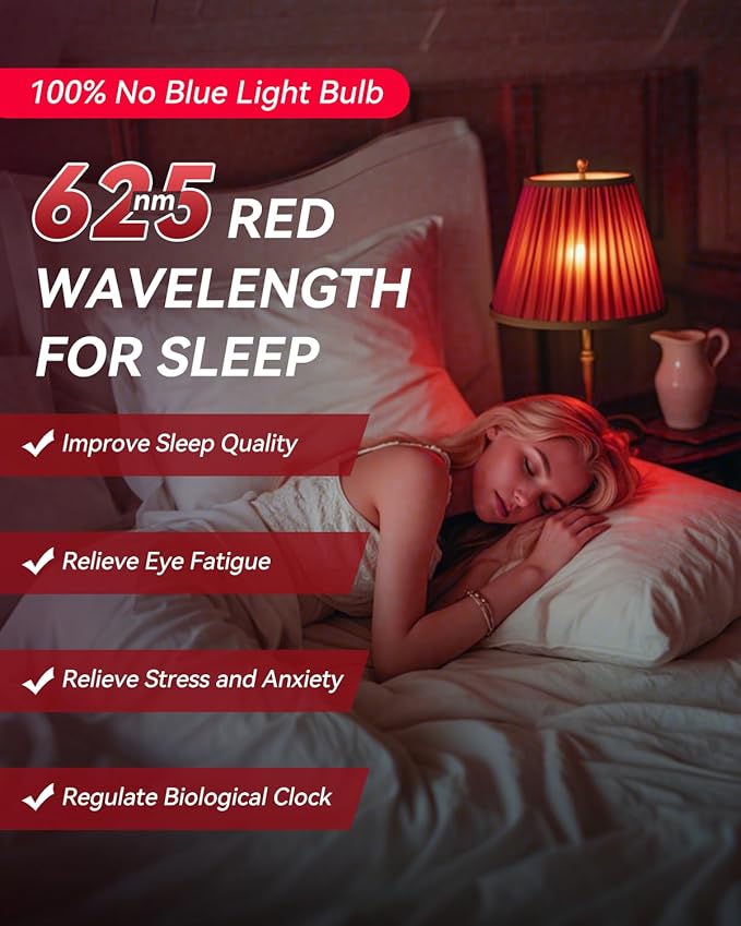 Neporal 3W 625nm Red Light Bulbs for Sleep, 100% Blue Light Blocking Bulb, Red Light Night Light for Melatonin Promoting, A19 40W Equivalent Dim Light Bulbs for Bedroom, Baby Nursery,1 Pack