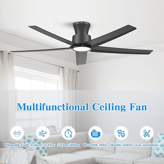 ocioc 52 inch Ceiling Fans with Lights, Large Air Volume Ceiling Fans with Reversible Quiet DC Motor and Remote（Black）