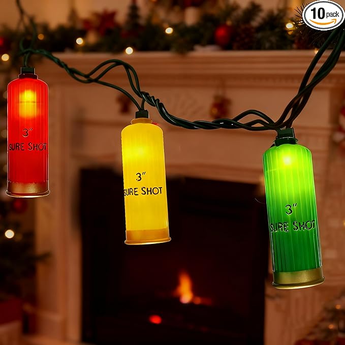 8.5Ft LED Shotgun Shell Shape Christmas Light Outdoor, Christmas Decorations Lights with 10 LED Red Green and Yellow Bullets Bulbs, Hanging Bullets String Lights for Patio Garden Party Xmas Tree Decor