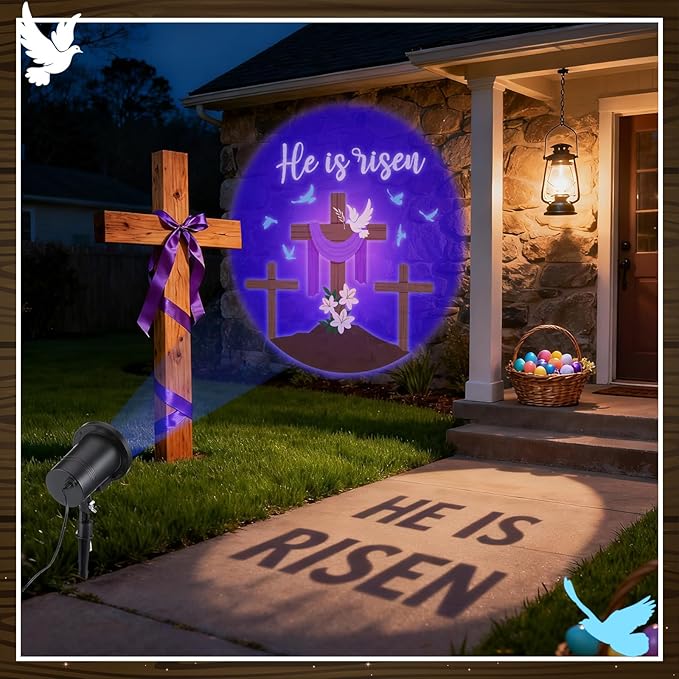 Easter He is Risen Outdoor Projector Christian Themed Holy Week Scene Vivid Holiday Projector Decorations for Garage Yard Garden Porch Door Wall Decor Party Gifts