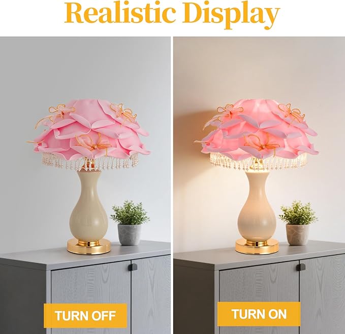 Pink Rose Flower Lamp Nordic Table Lamp Romantic Ceramic Nightstand Light Princess Bedside Lamp for Girl Valentines Mother's Day Wedding Party Deco Bedroom Living Room Entry