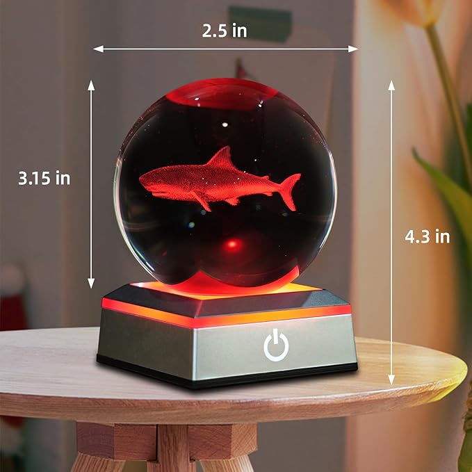 3D Shark Crystal Ball Night Light 3.15 inch Glass Ball Table Lamp with Color Changing Touch Base Decor Ideal Sharks Gifts for Friends Kids Christmas Birthday