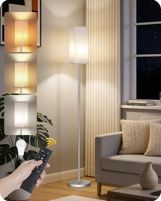 64.2''Dimmable Floor Lamp for Living Room with Remote and Foot Switch, Corner Floor Lamp for Bedroom, Includes 10W A19 Bulb, Modern Standing Tall Lamp, ETL Listed, Silver and White SCW17LD05