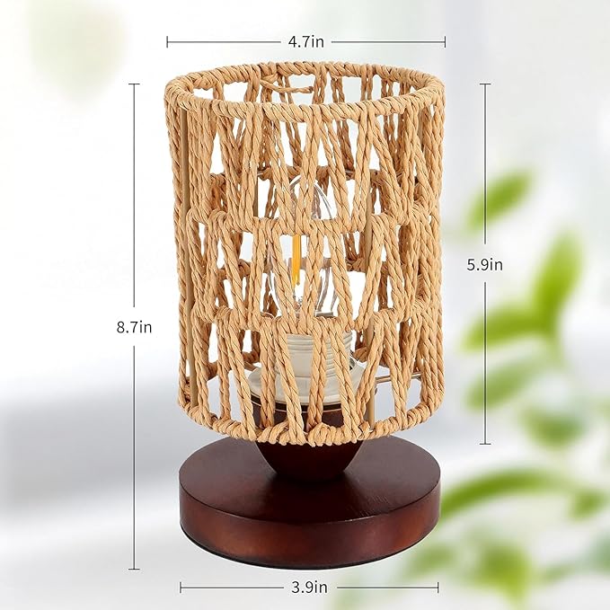 Handmade Rattan Lamp Farmhouse Table Lamp for Bedroom, Stepless Dimming Rustic Woven Lamps for Night Stands with Warm White LED Bulb, Boho-Inspired Boho Lamps for Living Room Kitchen Nook