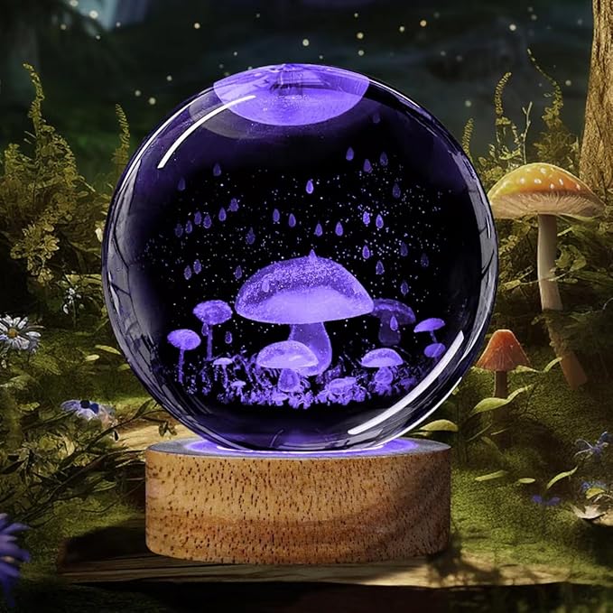 3D Mushroom Crystal Ball Night Light, Upgraded 3.15 Inch Glass Ball Lamp with 16 Color LED Wooden Base, Mushroom Decor Birthday Holiday Christmas Glass Mushroom Lamp Gifts for Boys Girls Friends