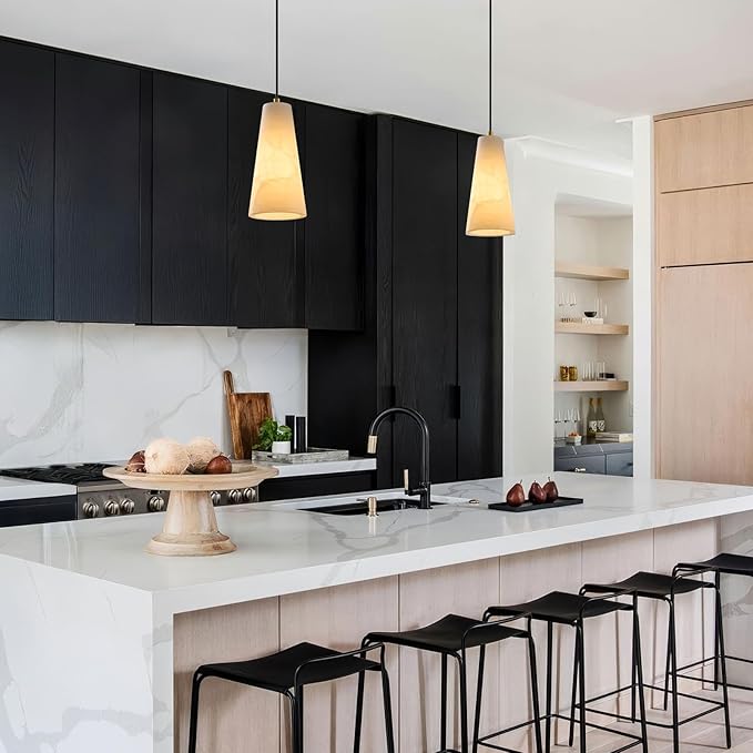 Alabaster Kitchen Island Pendant Light: White Marble Hanging Lights over Dining Table - Minimalist Natural Stone Textured Pendants Lighting - Vintage Brass Cylinder Chandelier above Sink Bulb included