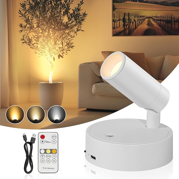 Spotlight Indoor, Wireless Battery Operated with Remote,Uplight Indoor Down Light for Picture on Wall, Plant Spotlight Dimmable Timer, Mini Ceiling Lights Painting for Trees Plant