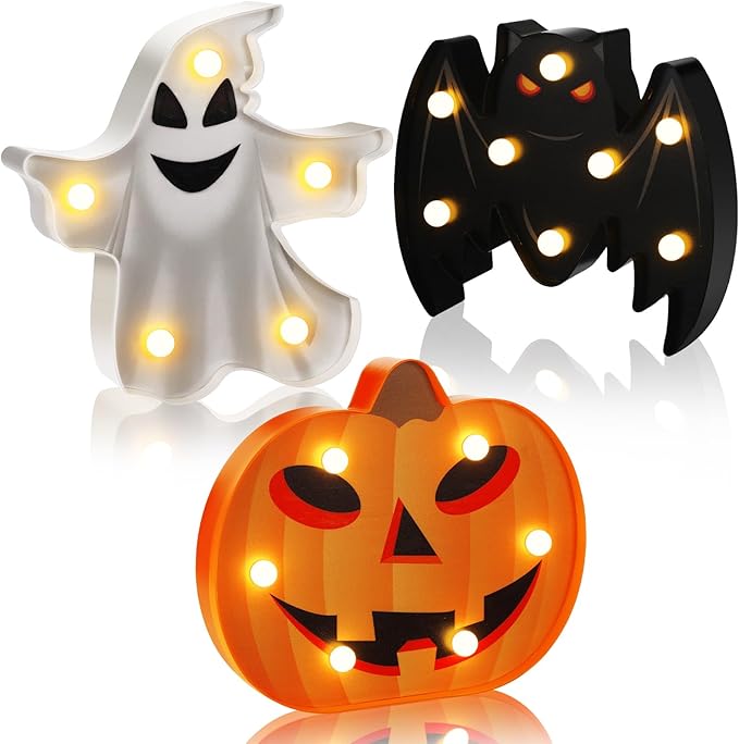 VIHOSE 3 Pcs Halloween Decoration Lights Halloween Marquee Sign Ghost Pumpkin Bat Lamp LED Desk Lamp Decorative Battery Operated Night Lights for Bedroom Table Indoor Outdoor Home Bar Party Gift