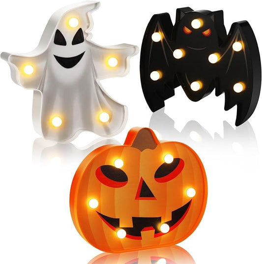 VIHOSE 3 Pcs Halloween Decoration Lights Halloween Marquee Sign Ghost Pumpkin Bat Lamp LED Desk Lamp Decorative Battery Operated Night Lights for Bedroom Table Indoor Outdoor Home Bar Party Gift