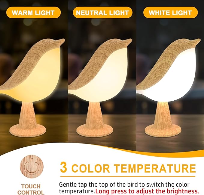 Small Desk Lamp, Cute Bird Light Cordless Lamp with 3 Color Temperature and Touch Sensor,Kids Night Light with Rechargeable Battery for Bedroom Nightstand Bedside Table Room Decor