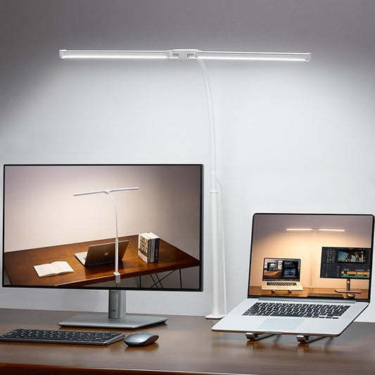 LED Desk Lamp for Home Office, Double Head Architect Light with Clamp, Computer Monitor Clip on Light, 3 Modes and 10 Brightness, Adjustable Flexible Goose-Neck, Table Task Lamp, White
