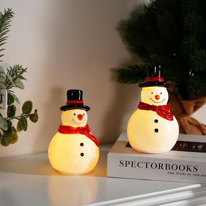 NEROSUN Christmas Snowman Figurines, 3 Pack Ceramic Cute LED Lighted Snowman Tabletop Christmas Decorations, Light Up Table Ornaments for Indoor Cabinet Mantel Fireplace Winter Xmas Decor