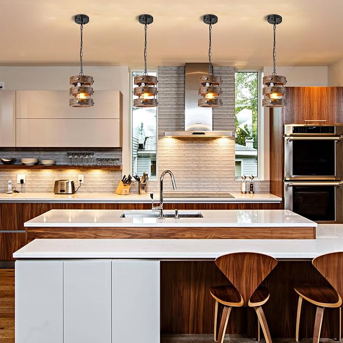 2pack Farmhouse Wood Pendant Lights Kitchen Island, Dining Room Lighting Fixtures Over Table Rustic Chandelier Height Adjustable Hallway Light for Foyer Living Room Bar Restaurant