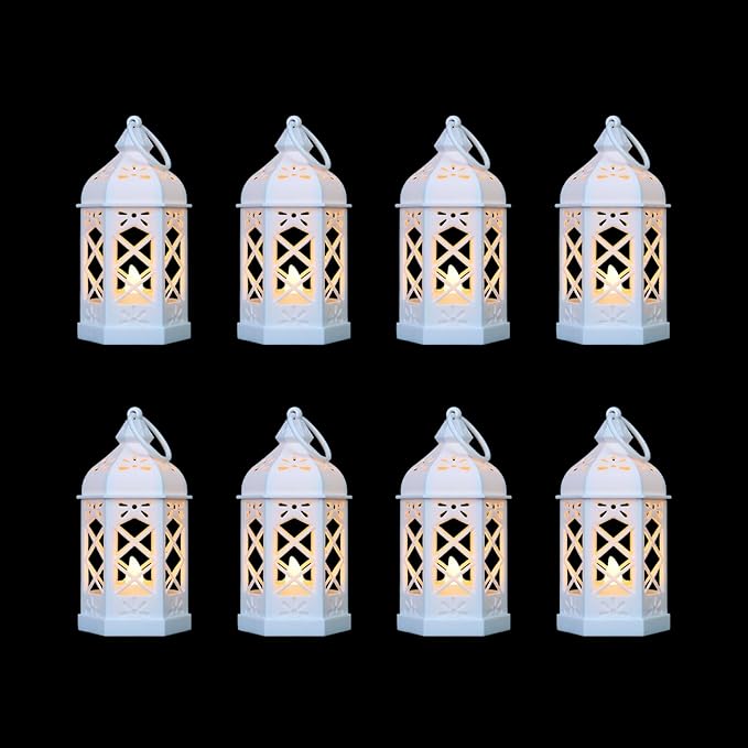 8-Pack Mini Lanterns for Ramadan, Wedding,Halloween,Christmas, Small Decorative Lanterns with LED Candle for Baby Shower Party, Moroccan Lantern for Table Centerpiece, Medieval Decor, White