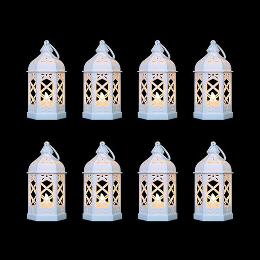 8-Pack Mini Lanterns for Ramadan, Wedding,Halloween,Christmas, Small Decorative Lanterns with LED Candle for Baby Shower Party, Moroccan Lantern for Table Centerpiece, Medieval Decor, White