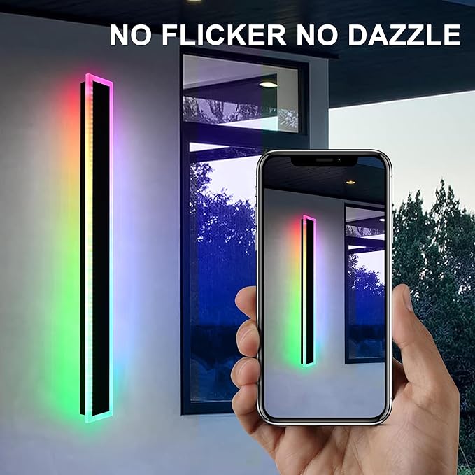 MELUCEE 2pcs 60in Long RGB Outdoor Wall Light Fixture, 5.1in Wide Dimmable Exterior Wall Lights IP65 Waterproof for Garage and Front Door, Long Outdoor Wall Sconce Black LED Outdoor Entrance Lighting