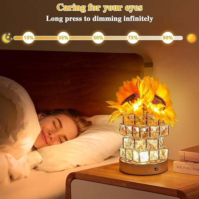 ONXE Rose Lamp, Flower Lamp 3 Colors Dimmable Crystal Table Light, Romantic Rechargeable Cordless Touch Lamp for Bedroom Living Room Pink Decor, Christmas Birthday Gifts for Women Mom (Sunflowers)